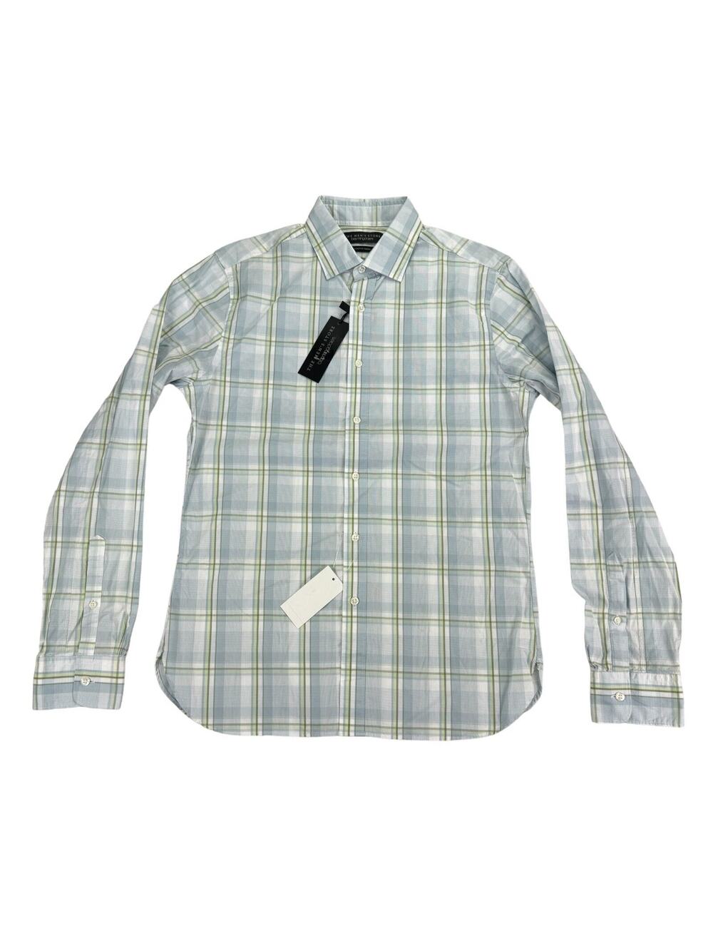 Bloomingdales Mens Slim Fit Plaid Casual Stretch Button Down Shirt Sage Blue S